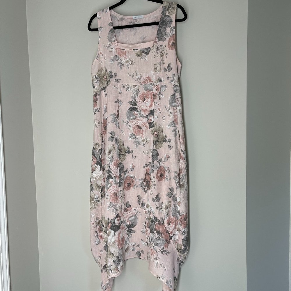 Made In Italy Dress/Pink and Grey with Pockets - 100% Linen - Size Large